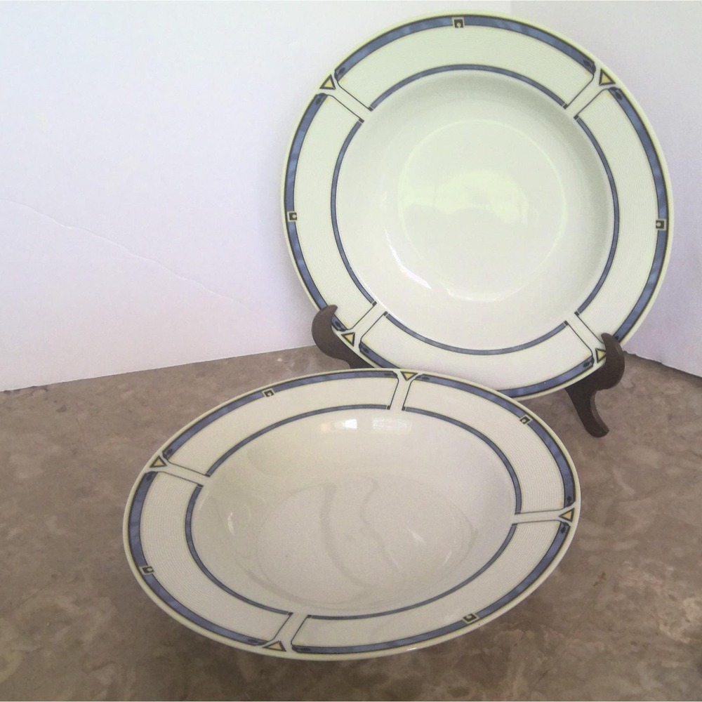 DOMESTIC Vienna Blue Rimmed Soup Bowls,‎ Porcelain, Dishwasher Microwave Safe